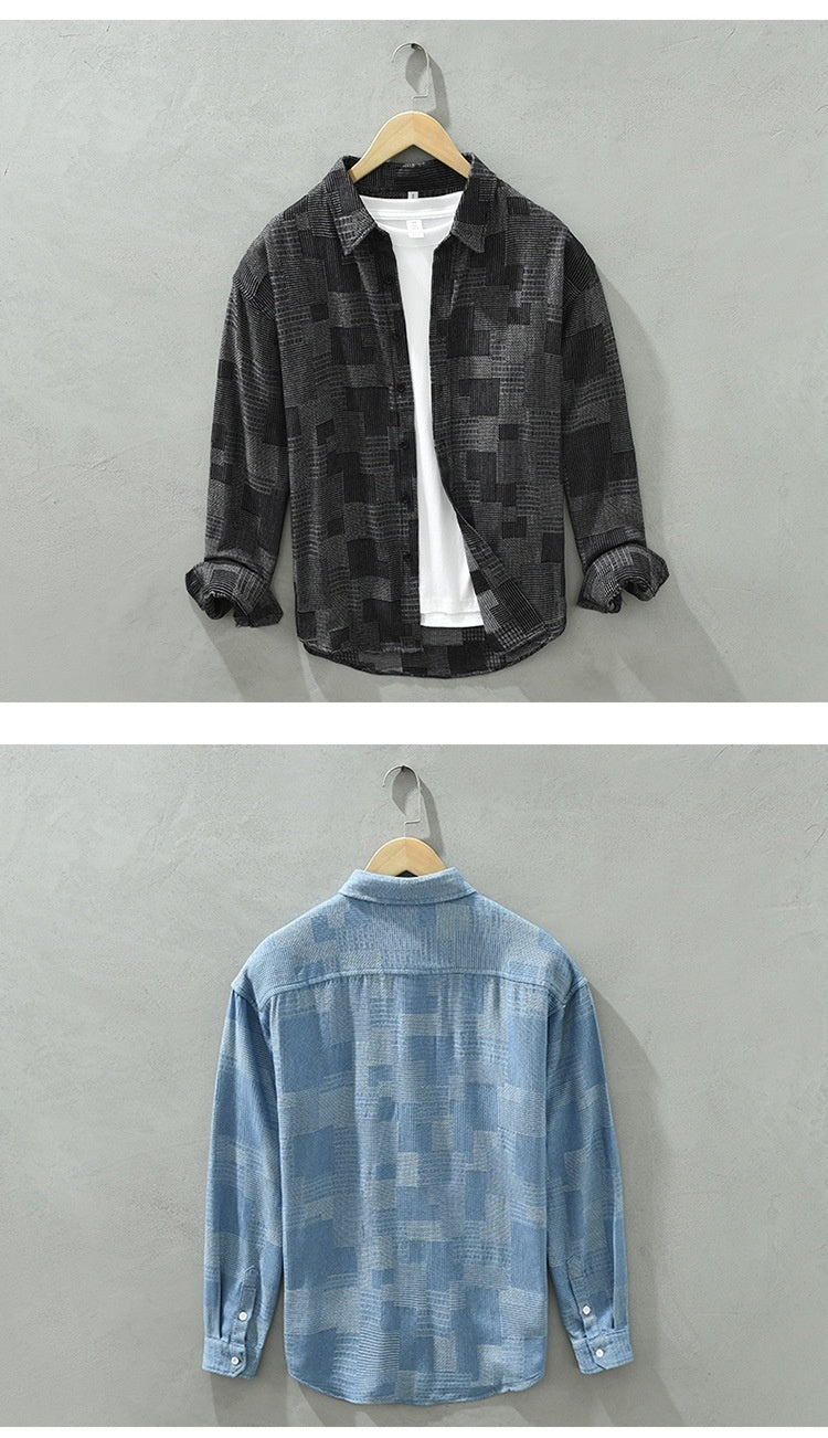 Jacquard Color Matching Casual Denim Long-sleeved Shirt