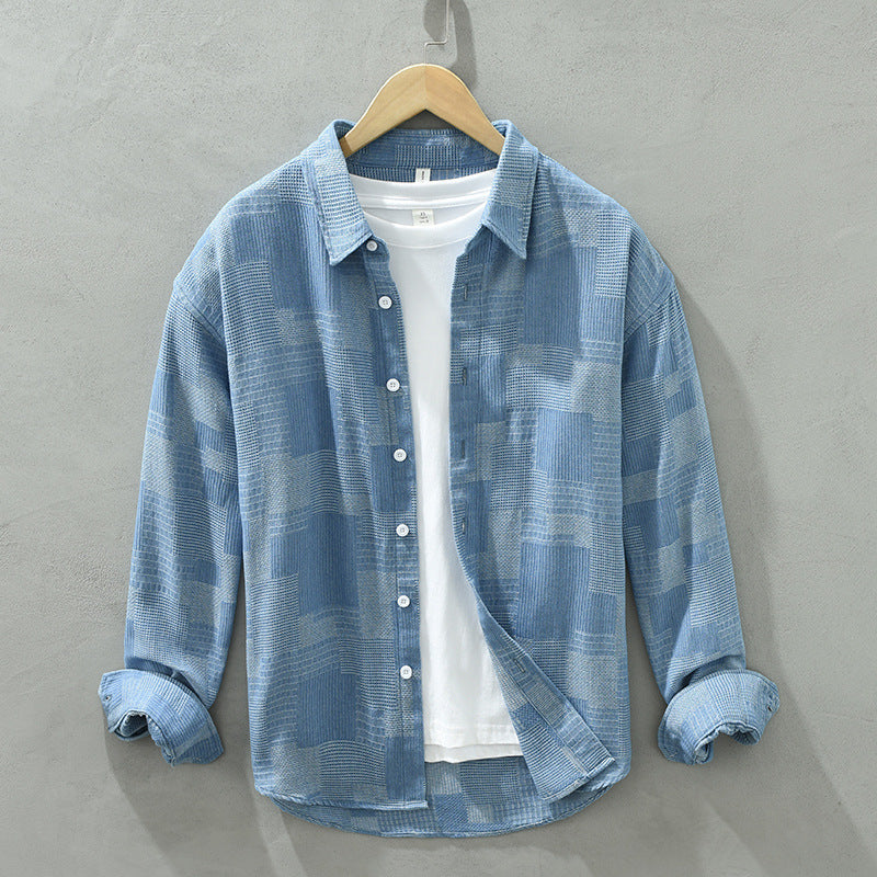 Jacquard Color Matching Casual Denim Long-sleeved Shirt