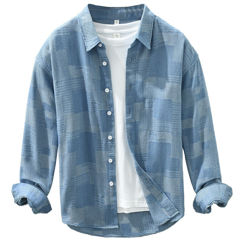 Jacquard Color Matching Casual Denim Long-sleeved Shirt